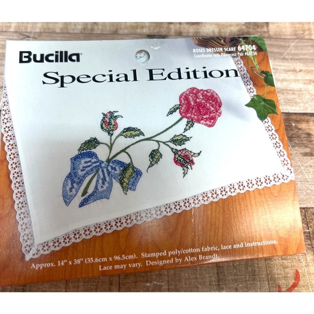 Bucilla Roses Dresser Scarf Embroidery Kit 14"x38" Stamped Poly/Cotton Fabric La